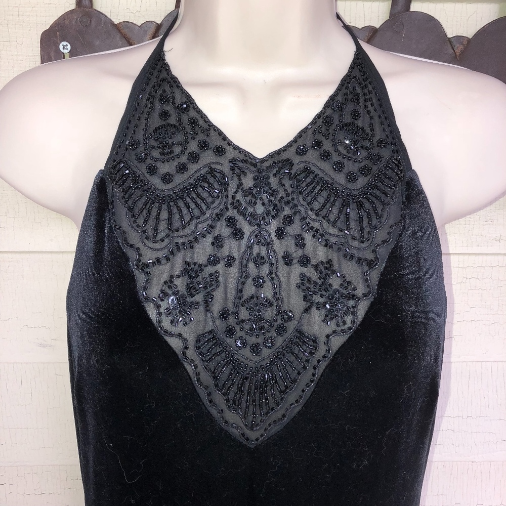 DELARU black beaded slitted velour maxi dress
